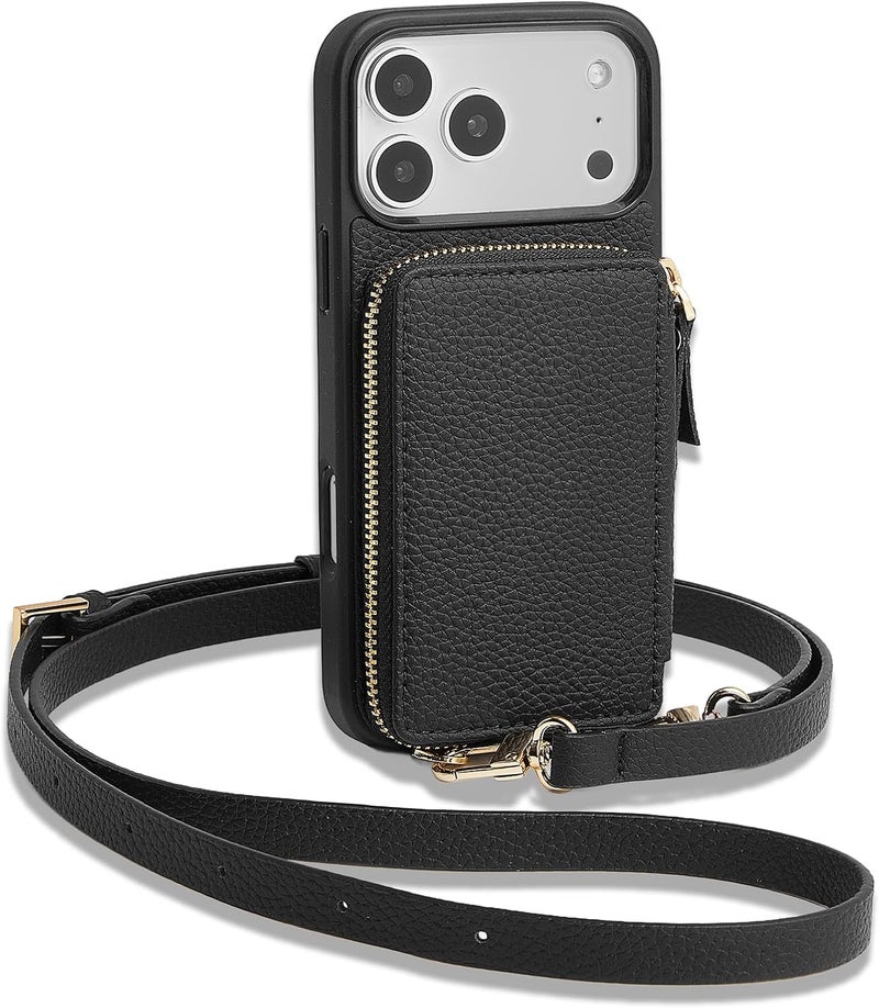 ZVE for iPhone 17 Pro Wallet Case with Card Holder, Zipper Crossbody Case with Wrist Strap for Women 6.3" Black - Image 1